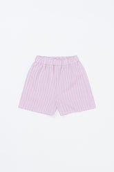 Avauma Sunny Stripe Pants Lotus Pink product shot. Lay-flat of light pink ribbed baby shorts on a white background.